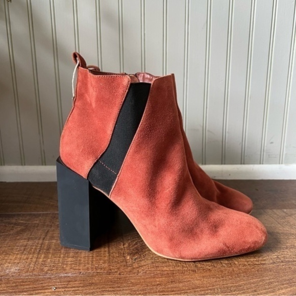 Halston Heritage Peregrun Rusty Brown Suede Ankle Bootie Tall Block Heel